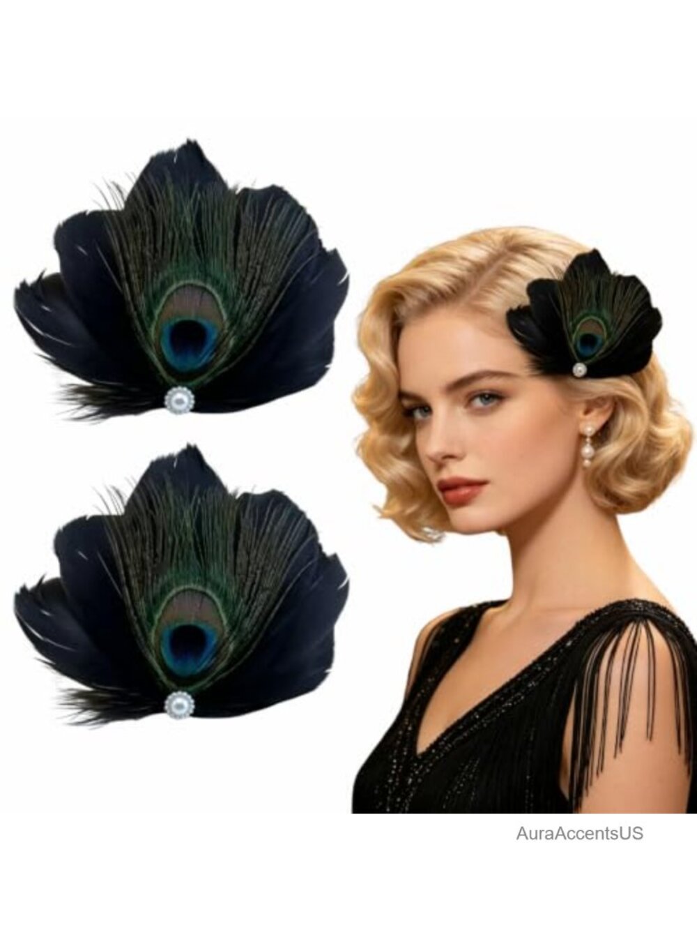 Peacock Feather Hair Clip Rhinestone Fascinator 1920s Costume Accessory